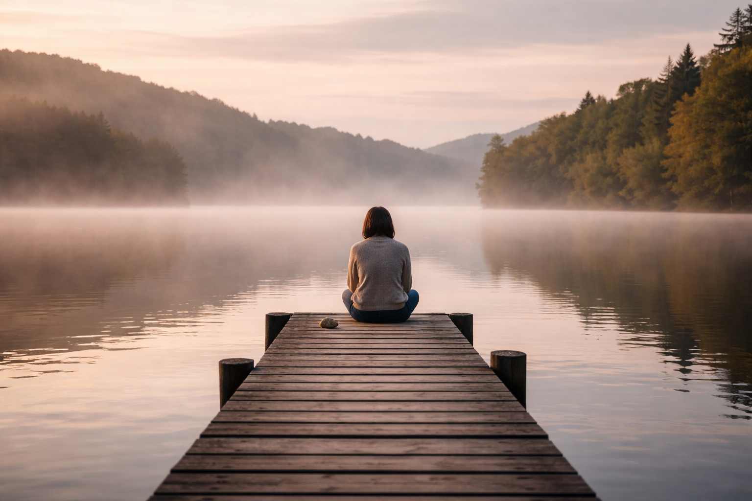 Person sitzt still an einem Steg und blickt über einen ruhigen See als Sinnbild für Verantwortung und inneres Innehalten