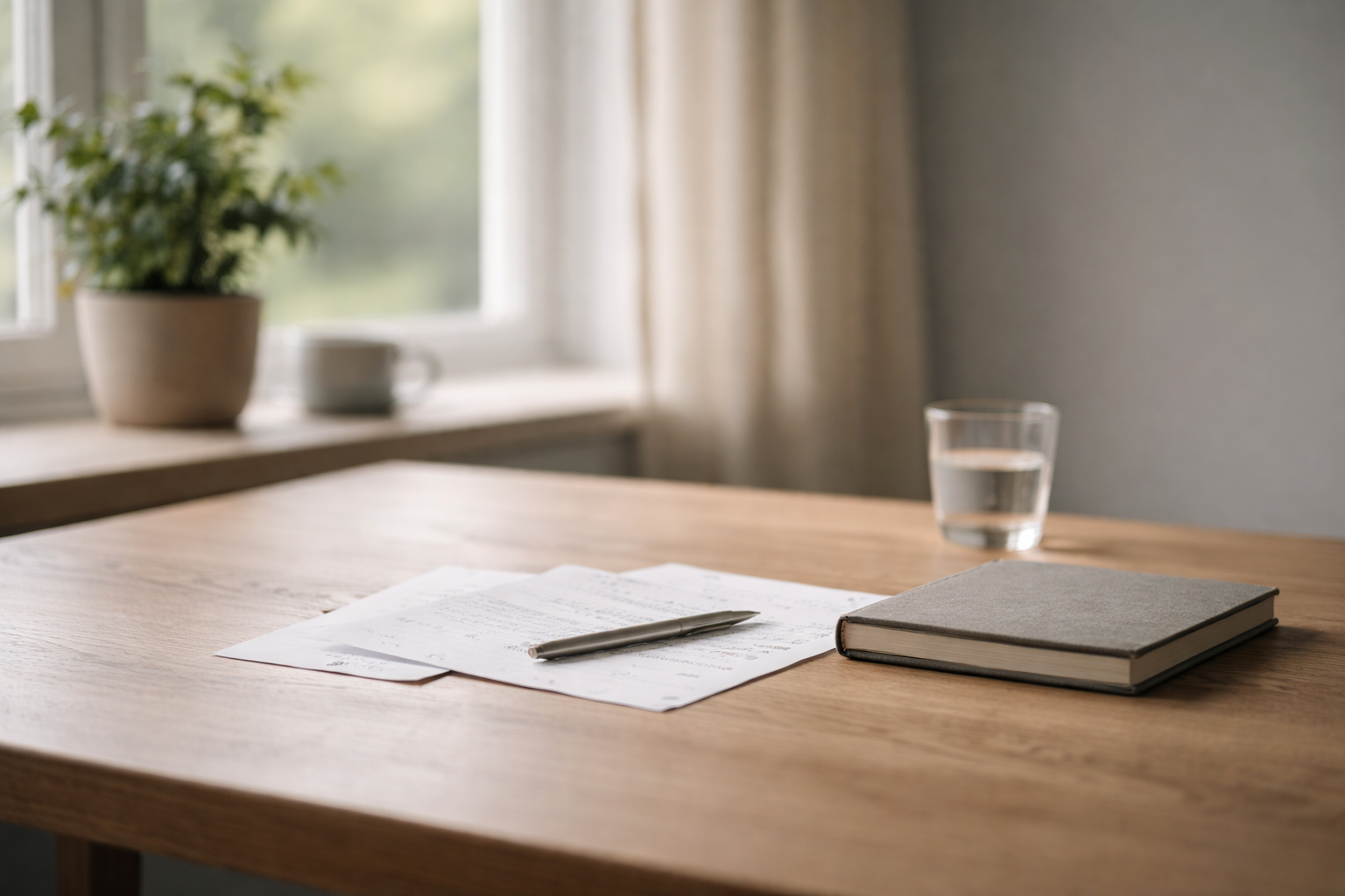 Minimalistischer Arbeitsplatz mit Notizen als Sinnbild für Klärung vor einer Entscheidung